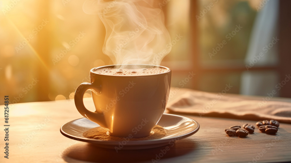 A cup of freshly brewed coffee steaming in the soft morning light, a moment of tranquility captured against a calm beige background. Generative AI