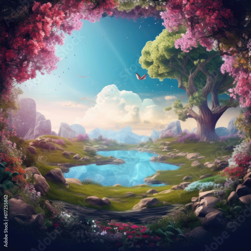 Fantasy beautiful landscape with magic portal in mystic fairy landscape. © mirexon
