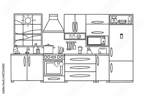 Kitchen with furniture. Modern cozy kitchen interior. Vector illustration