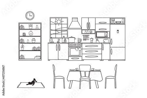 Kitchen with furniture. Modern cozy kitchen interior. Vector illustration