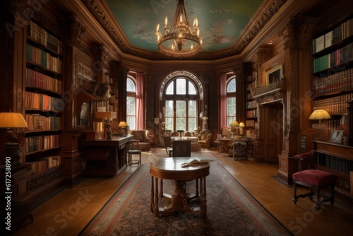 Grand and historic library with towering bookcase.