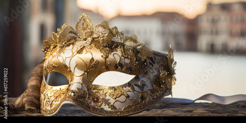 Enchanting Venetian carnival mask adorned with gold leaf, glitter, and delicate lace held by an elegant gloved hand against romantic Venice canals backdrop. Generative AI