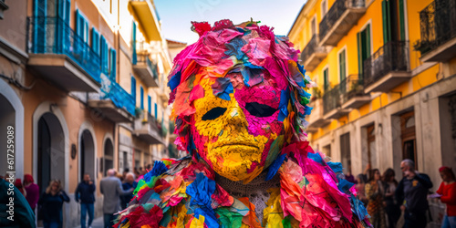 Captivating masked person in vibrant, large papier-mâché headpiece at Patras Carnival, Greece; emotions and festive atmosphere contrast with historic cityscape. Generative AI photo