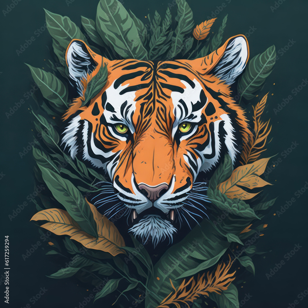 Fototapeta Fantasy watercolor painting of a tiger with swirling leaves against a green backdrop.generative AI