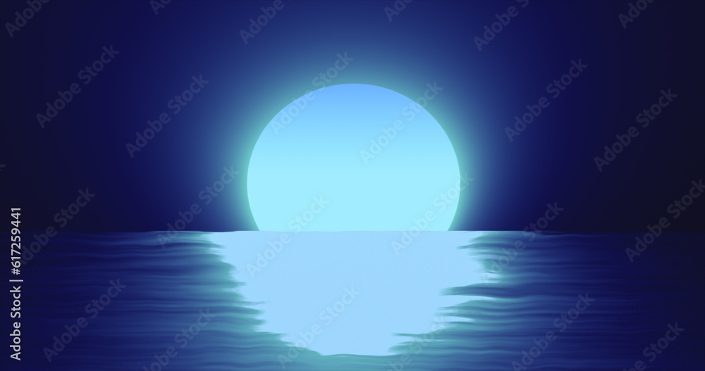 Abstract blue moon over water sea and horizon with reflections background