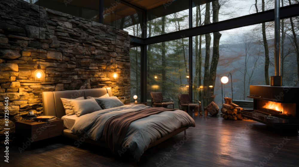 Modern house interior, bedroom, dark wood bed, grey colored bedding, grey stone wall cladding. Generative AI