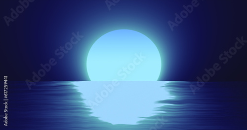 Fototapeta Naklejka Na Ścianę i Meble -  Abstract blue moon over water sea and horizon with reflections background