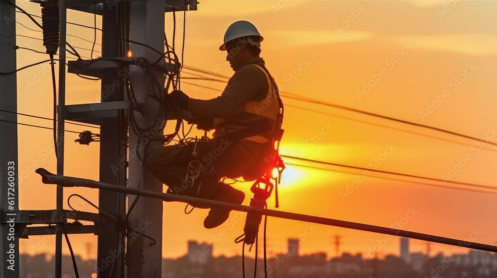Electrical engineer wear safety uniform at heights , Construction engineer work for roof industrial with copy space , Generative Ai Technology Electrical engineer wear safety uniform at heights , Construction engineer work for roof industrial with copy space , Generative Ai Technology