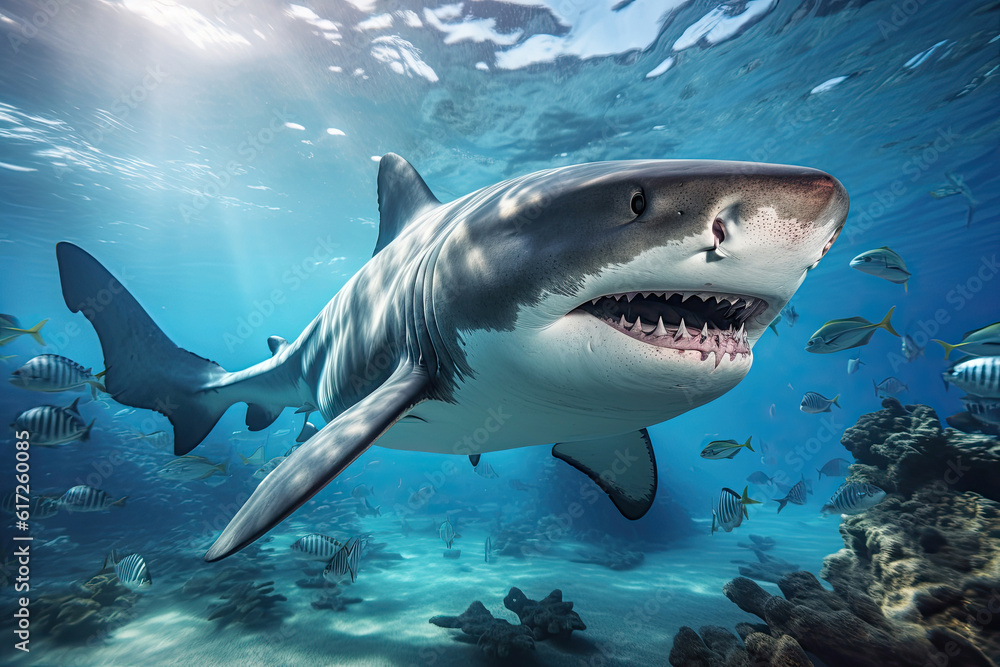 Fototapeta premium Huge dangerous shark underwater, Generative AI