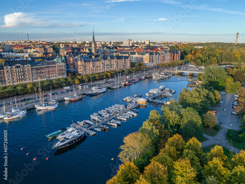 Sweden Stockholm Aerial view of Strandvagen boulevard and Ostermalm district on a sunny day sunset