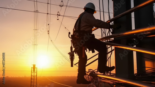 Electrical engineer wear safety uniform at heights , Construction engineer work for roof industrial with copy space , Generative Ai Technology