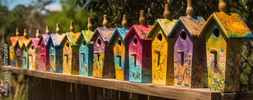 Charming row of birdhouses, each painted in vivid, unique colors & patterns, illustrating harmonious coexistence among species; evoking emotion. Generative AI