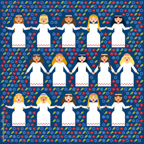 Group of girls singing and dancing vector illustration. Dziesmu svetki, Song and Dance festival in Latvia