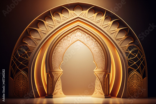 Shining luxurious golden arch with bright light coming out. Created with Generative AI photo