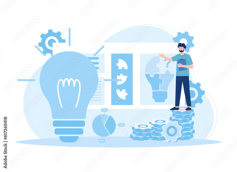 A man working with puzzle bulb idea trending flat illustration A man working with puzzle bulb idea trending flat illustration