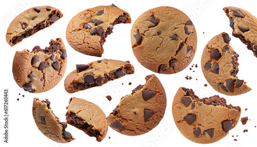 Chocolate chip cookies falling over a transparent background