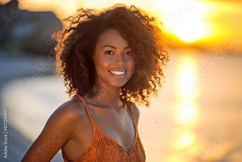 Close up of a young African American woman at the beach. Golden hour. Generative AI