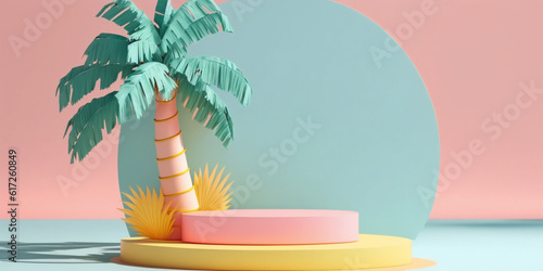 Vacation theme display podium background with paper art style palm tree. Created with Generative AI technology
