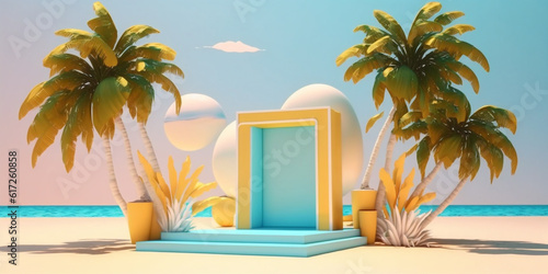 Rectangular display podium with door way on the beach with palm trees and geometric decorations. Created with Generative AI technology