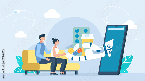 The family orders medicine through a mobile application. The robot holds medicine in its hand. Sale of medicines through a mobile application. Electronic medical commerce. Flat illustration