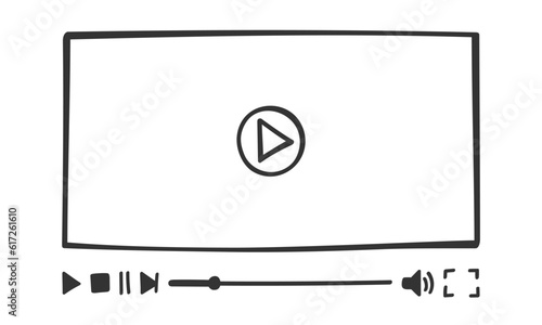 Video player template in doodle style. Hand drawn online movie monitor screen with buttons and loading slider bar. Multimedia app window in simple design. Vector graphic illustration
