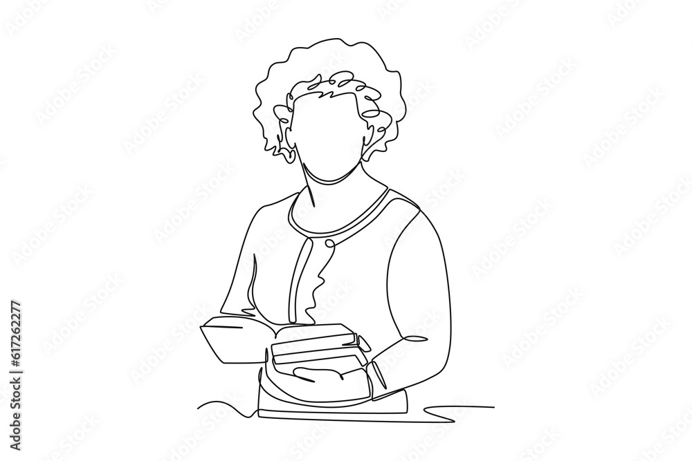 Single one line drawing happy old woman reading book. Education and leisure concept. Continuous line draw design graphic vector illustration. Single one line drawing happy old woman reading book. Education and leisure concept. Continuous line draw design graphic vector illustration.