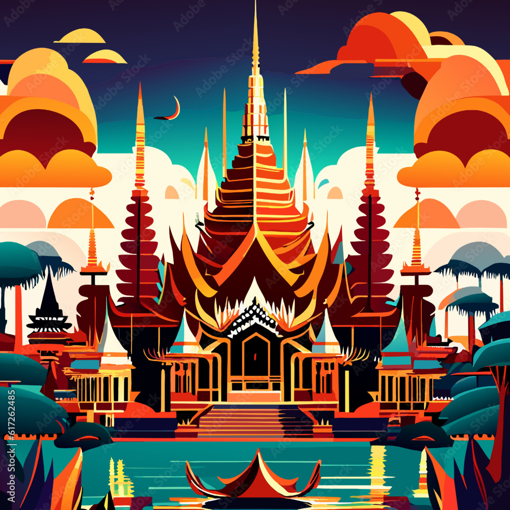 Thai temple background. Vector illustration in flat style. Temple of the Emerald Buddha.