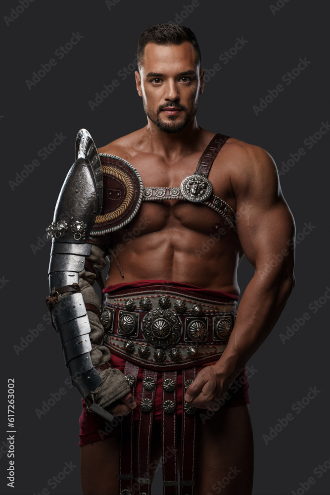 Gladiator is captured in lightweight, yet regal, historical armor against a neutral background.