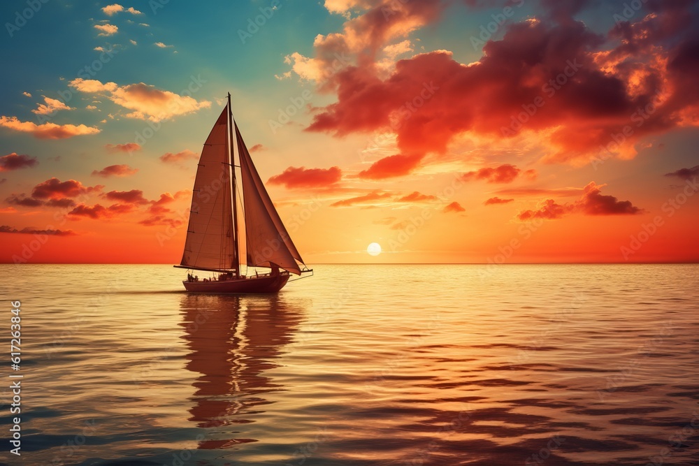 Sailboat on a calm sea with the sun. 