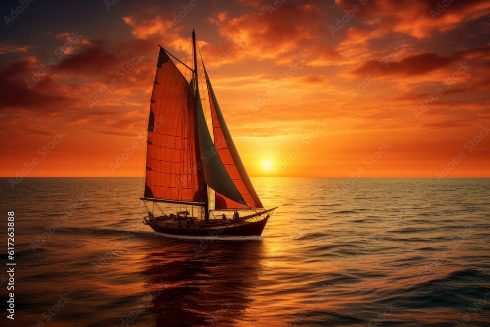 Sailboat on a calm sea with the sun. 