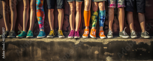 Captivating friendship scene with legs of friends in colorful shorts, mismatched socks and shoes hanging above graffiti-covered concrete ledge, casting striking shadows below. Generative AI
