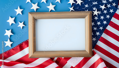 flag on wooden background, Happy Independence Day, 4th of July celebration concept with frame mock up, stars and USA flag on blue background,  wood, border, picture, decoration, art, AI generated