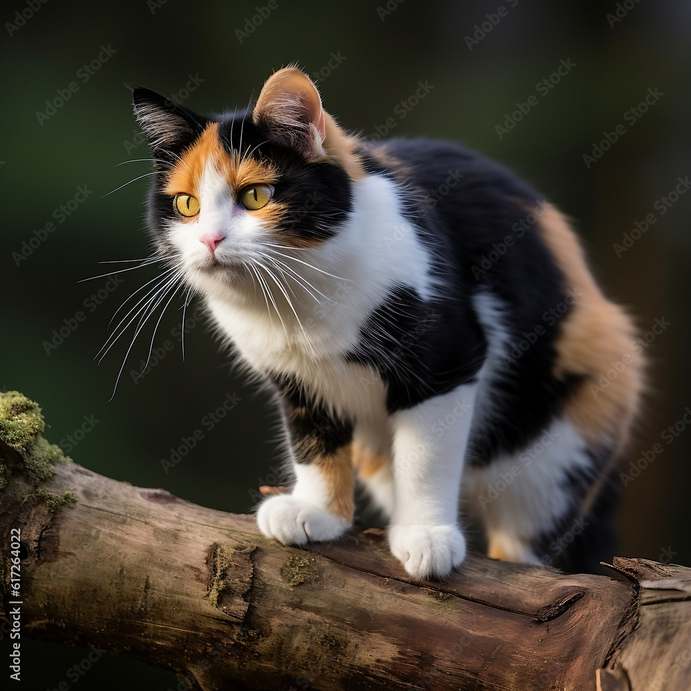 Graceful calico cat finds balance on a tree branch, displaying agility and poise. A captivating sight that showcases the natural elegance of feline acrobatics. Graceful calico cat finds balance on a tree branch, displaying agility and poise. A captivating sight that showcases the natural elegance of feline acrobatics.