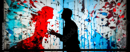 Stirring portrayal of a woman attacked by menacing man, with shattered glass reflections and vibrant red-blue splatters amplifying the scene's tension, raising awareness on femicides. Generative AI