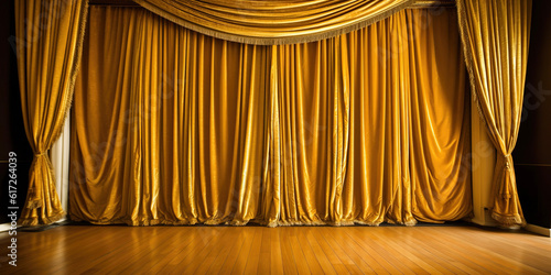 Golden stage curtain with arch entrance. created with generative AI technology. photo