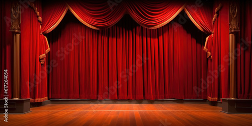 Red stage curtain with arch entrance. created with generative AI technology.