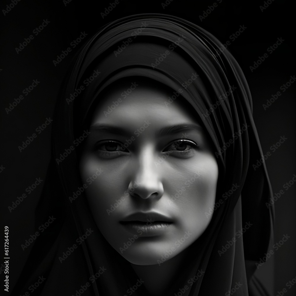 Portrait of a fictional young woman with a covered head. The face of a man close-up, macro. Black and white, monochrome. AI generation.
Portrait of a fictional young woman with a covered head. The face of a man close-up, macro. Black and white, monochrome. AI generation.