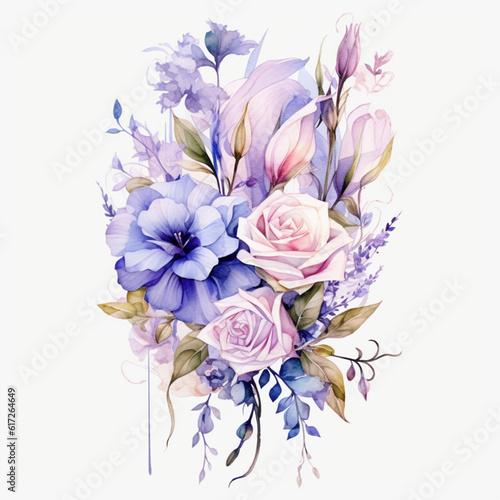Illustration, AI generation. watercolor purple and pink roses, transparent white background. © Elena