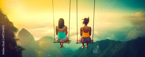 Breathtaking tropical paradise with two women on a swing, evoking serenity and connection  an unforgettable scene to captivate viewers. Generative AI © XaMaps