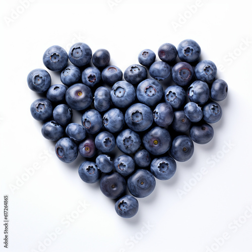 Illustration, AI generation. blueberry laid out in the shape of a heart, white background.