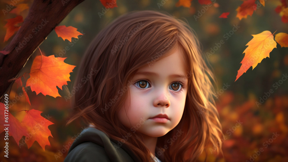 A sad upset preschool girl in an autumn park. Emotions of children. Generation AI A sad upset preschool girl in an autumn park. Emotions of children. Generation AI