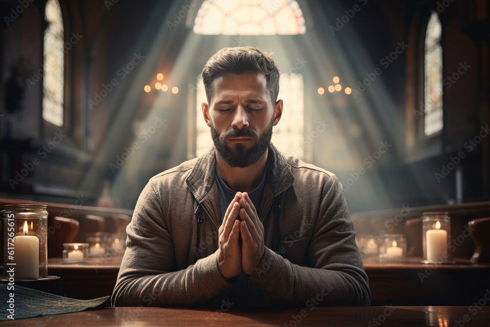 Obraz premium A middle-aged man praying intently in a Christian church, AI generation