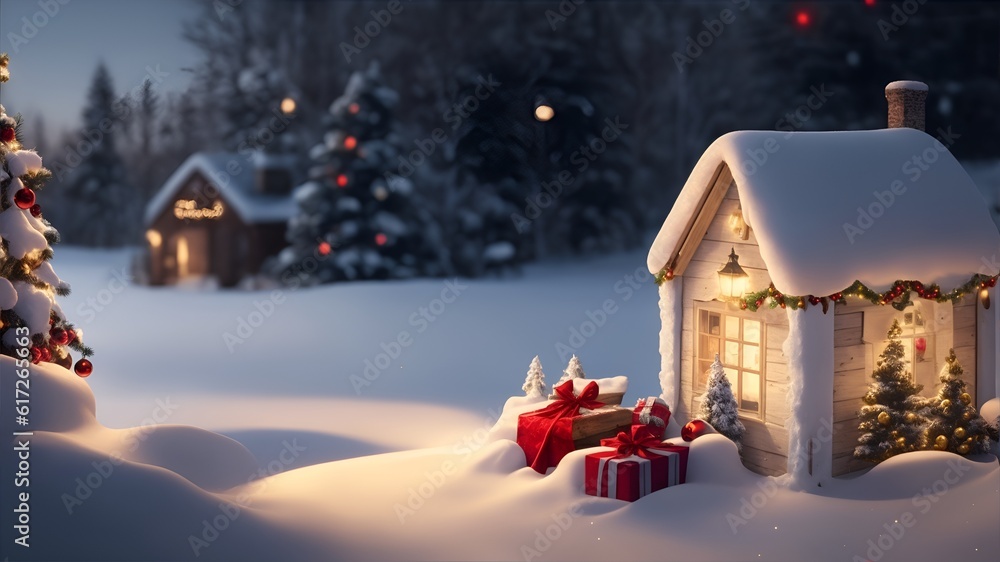 Christmas house in the winter, A beautiful winter Christmas background. holiday concept. Generative AI