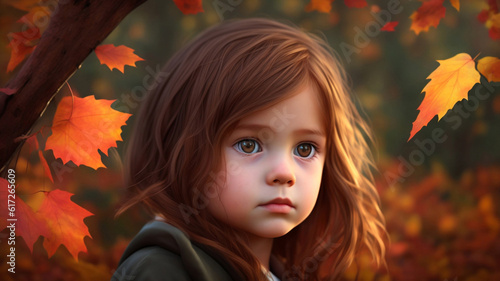 A sad upset preschool girl in an autumn park. Emotions of children. Generation AI