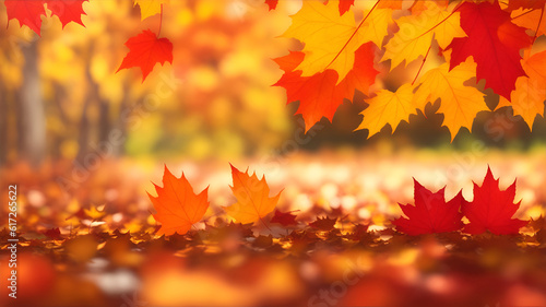 Autumn background with colorful leaves on the ground and trees in the distance in the forest. AI generation