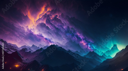 Abstract composition depicting wilderness with mountains on the background of outer space with dramatic clouds, AI generation © Volodymyr
