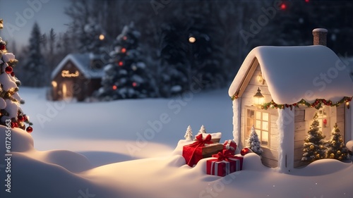 Christmas house in the winter, A beautiful winter Christmas background. holiday concept. Generative AI