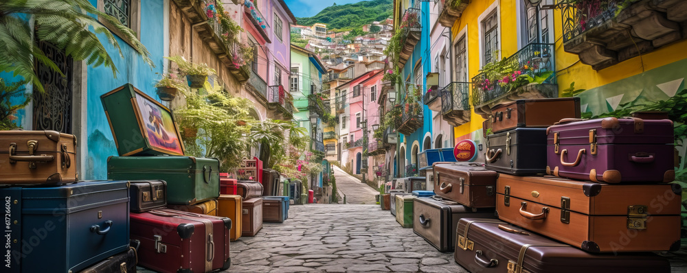 Captivating Rio street scene with modern suitcases, vintage trunks, vibrant murals, and lush tropical plants, evoking wanderlust and lively atmosphere. Generative AI