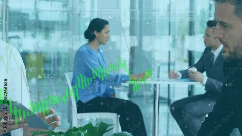 Animation of data processing against two diverse businessmen discussing in cafe at office Animation of data processing against two diverse businessmen discussing in cafe at office