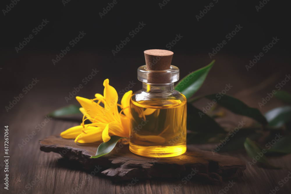 Fragrant Ylang Ylang essential oil in a small glass bottle next to yellow fresh Ylang Ylang flowers also known as Cananga odorata in full bloom, dark rustic wood background. Generative AI. Fragrant Ylang Ylang essential oil in a small glass bottle next to yellow fresh Ylang Ylang flowers also known as Cananga odorata in full bloom, dark rustic wood background. Generative AI.
